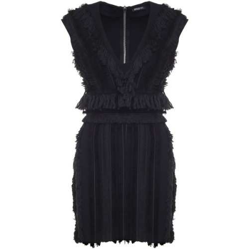 Balmain Fringed Stretch-Jersey Mini Dress ❤ liked on Polyvore (see more v neck mini dresses)