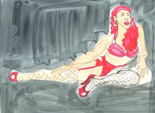 Drawings of Lilly Bordeaux done at Dr. Sketchy’s Boston. Ink and watercolor on paper, 11"x14", Matt Bernson 2013