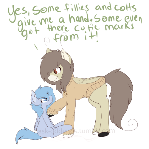 askbubblepop:  ask-oddends:    Ask # 171 I am the only adult pony at the orphanage that takes care of the foals but some like to help me out. I have had 2 fillies get there cutie marks from helping me out. It was such a lovely site to see!  Mod: Thanks