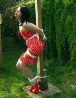 sensualhumiliation:  Forced to wear sexy and kept bound at the back yard !!