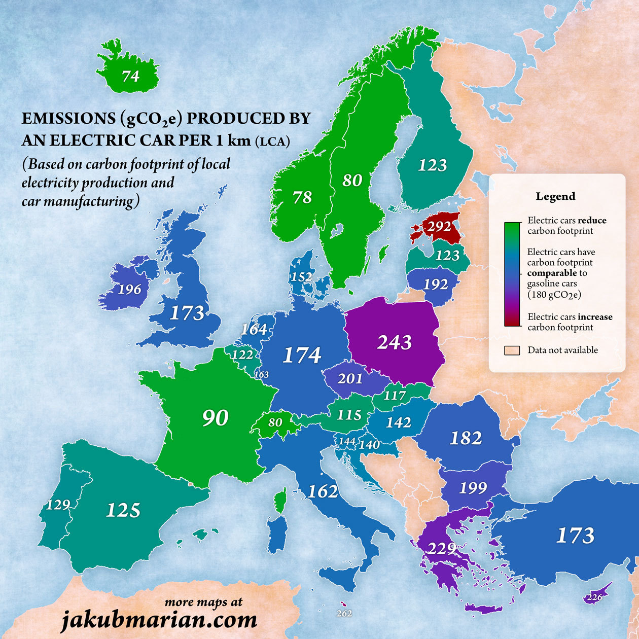 Where is an electric car good in Europe? Emissions (gCO2) produced by an electric car per 1 km.