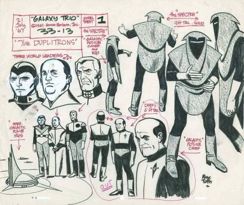 Alex Toth’s original model sheets for Hanna Barbera’s “Galaxy Trio.”I n