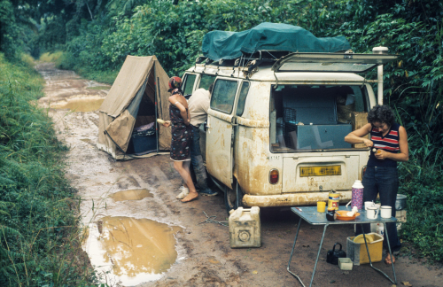 When the jungle is too dense to camp in, you camp on the road.Somewhere deep in ZaireAfrica1973