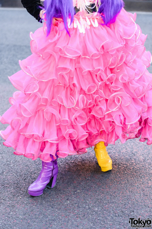 Japanese fashion student Sana on the street in Harajuku wearing a dress by the legendary Harajuku fa