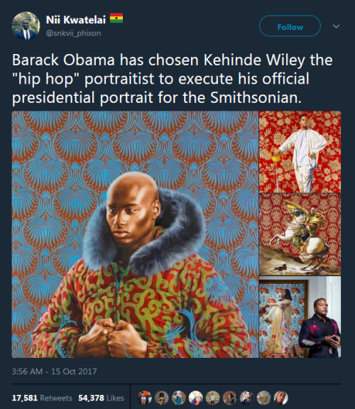 destinyrush:Kehinde Wiley and Amy Sherald were chosen to paint Barack and Michelle Obama’s portraits