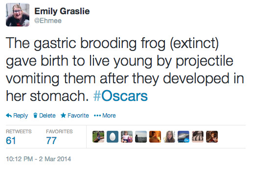 edwardspoonhands:  thebrainscoop:  ICYMI my live-tweeting of the Oscars tonight 