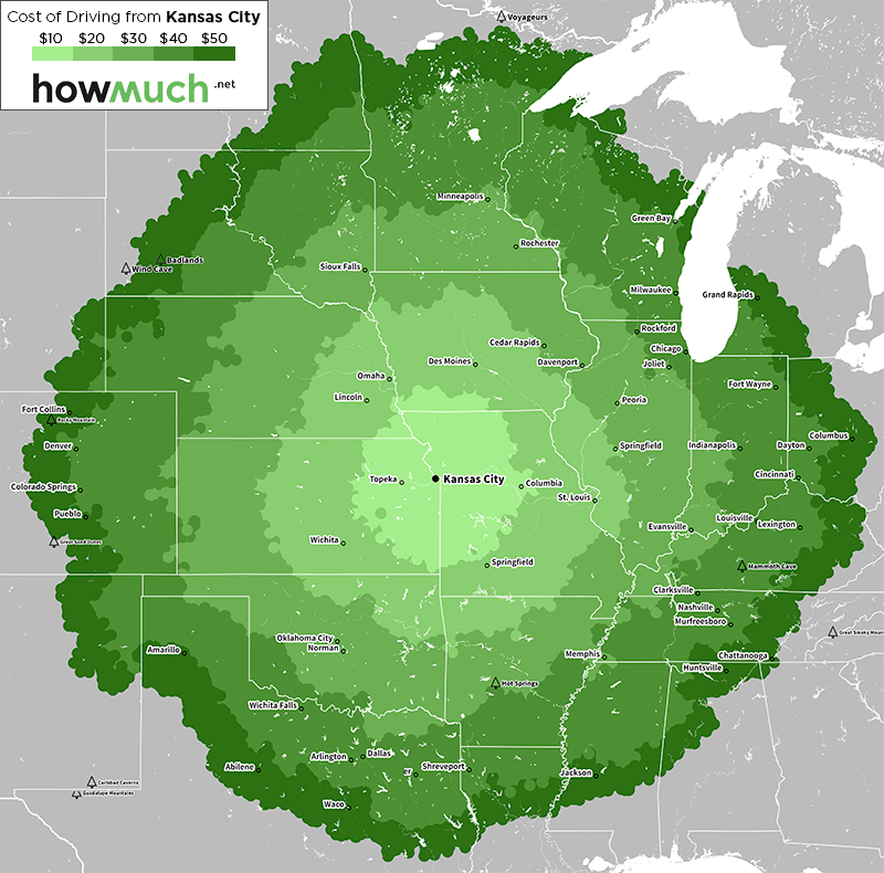 How far $50 of gas will get you from Kansas City.
Other cities >>