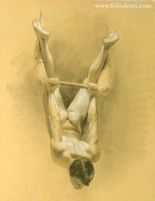 felixdeonsdirtydays:At work on a drawing, with a trapeze artist as the model. We had to find creative ways to paint him as though he was nude on the trapeze. You can find limited edition prints of this painting on my website at this link