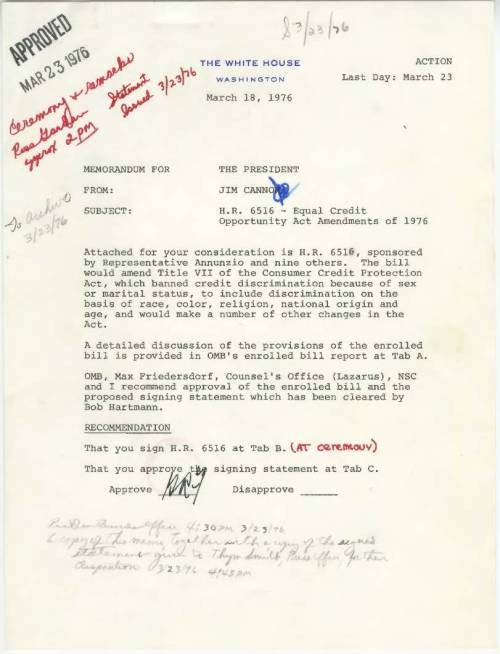 fordlibrarymuseum:
“ Equal Credit Opportunity Act Amendments of 1976
President Ford signed the Equal Credit Opportunity Act Amendments of 1976 into law on March 23, 1976.
When it was originally enacted in 1974, the Equal Credit Opportunity Act...