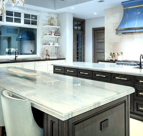 Transitional Kitchen - Great RoomHuge Transitional U-shaped Marble Floor, White Floor And Exposed Beam
