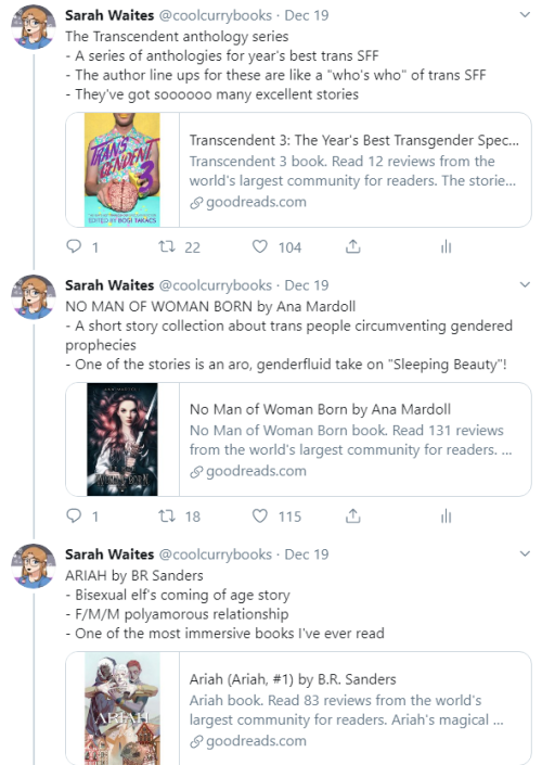 coolcurrybooks:Screenshots from my Twitter thread recommending science fiction and fantasy stories