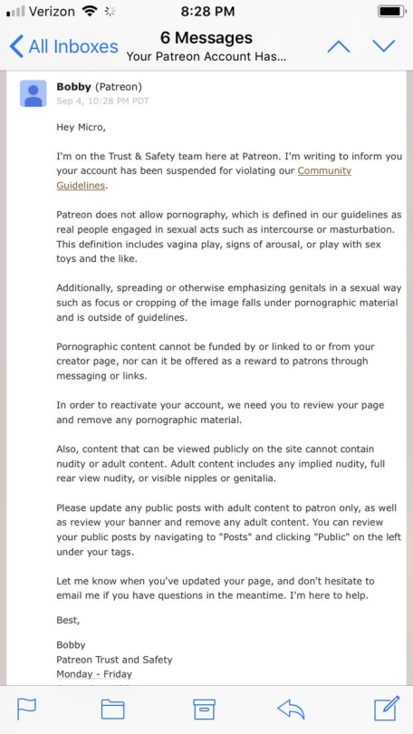   You will notice that the rule I broke doesn’t exist.  I’ve received tons of messages and comments in support of me about my suspension on patreon. unfortunately, I’m a small creator, my mistreatment will be swept under the rug. I’m not as big