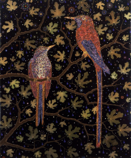 spacecamp1:Fred Tomaselli, After Migrant Fruit Thugs, 2008, Wood background, silk birds with metalli