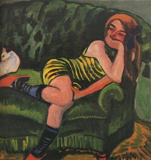 artist-max-pechstein: Girl on a Green Sofa with a Cat, 1910, Max Pechstein