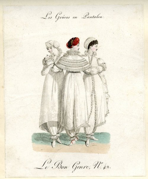 Frilly 19th century fashions in Le Bon Genre magazine;Three women wearing split trousers under over-