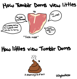 ddlgdoodles:  Since people got offended last time (gee no surprise, welcome to Tumblr), “Tumblr Doms” refers to pseudo doms who know nothing about the lifestyle, yet actively seeks subs and treat our community like a meat market.