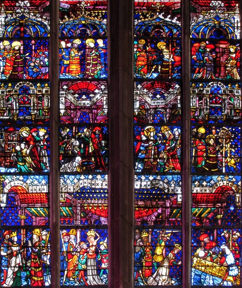Stained glass windows depicting the life of Saint Catherine of Alexandria dating to 1430-1460 and li