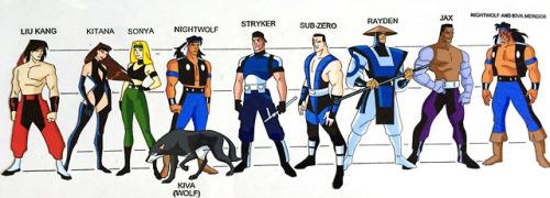 pan-pizza:  Mortal Kombat Character line up I like that Bruce Timm wannabe style. Wish Killer Instinct got a crummy cartoon.