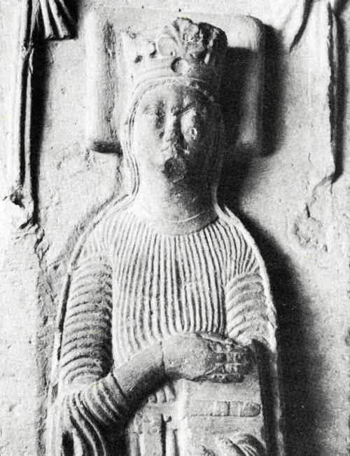 Queen Catherine of Sweden (d. 1245) as depicted on her now damaged grave monument at Gudhem made, c.