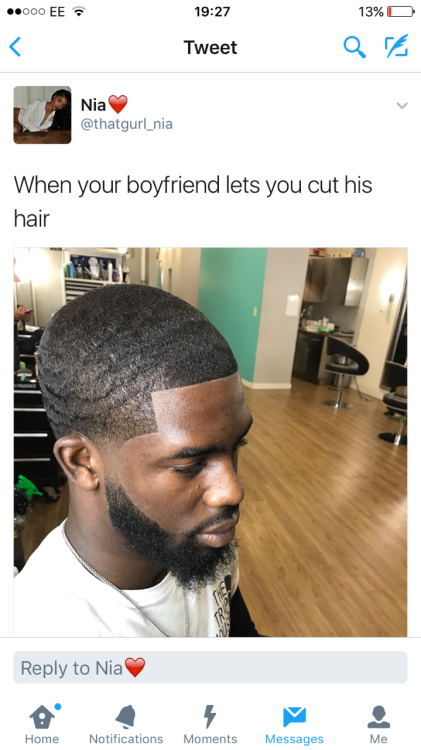 90sxarthoe:  jeankd:  wheresant: bornegreat:  chrissongzzz:  I agree 😂😂😂 you can’t cheat  Nigga I be damn 😂  I would wife my girl if she was a barber, no more 20$ haircuts…she line me up i dick her down…even steven…  Is it just me