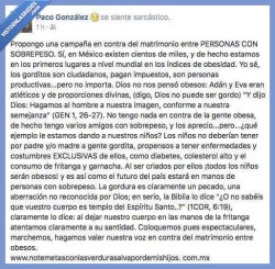 alochucknorris:  Campaña en contra del matrimonio de personas con SOBREPESO Visto en Visto en las Redes ¿No puedes ver el contenido? Visualiza la publicación original en la web del autor haciendo clic en este enlace.