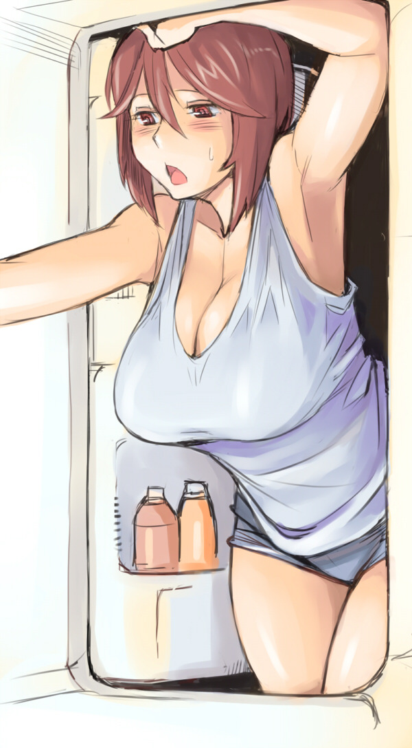 Gelbooru- Image View - 1girl armpits blush breasts brown eyes brown hair cleavage