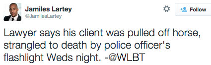 revolutionarykoolaid:  Every 28 Hours (7.10.15): Last night, a black Mississippi farmer was choked to death by a police officer. Jonathan Sanders was exercising his horses, when a white cop approached him, pulled him off his horse, and choked him with