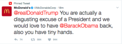 poordork: papatulus:  buzzfeed:  McDonald’s Just Called Trump “A Disgusting Excuse Of A President” On Twitter The tweet, briefly pinned to the fast food restaurant’s account, was quickly deleted (of course).    BYE THE PROPHECY HAS COME TRUE 