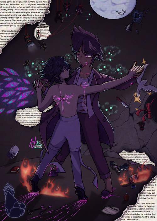 Kokichi and Kaito in a position resembling Ballroom dancing, surrounded by references to Amalgamate and 4 excerpts from chapters 20, 19, 11 and 1. 