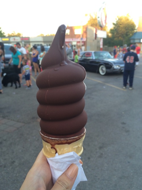 Chocolate dip vanilla soft serve at Dairy Cream Cute little ice cream shop in Port Credit. $3 for a 