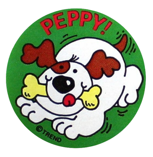 A round green sticker with red text reading Peppy! above an excited brown and white cartoon dog hold