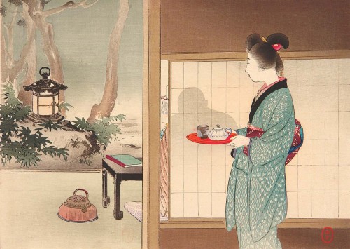 blackcoffeecinnamon:Mizuno Toshikata (1866-1908) 水野年方Wife Making Tea, ca.1900