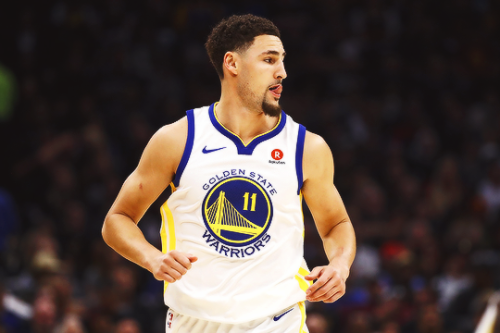 Klay Thompson #11 of the Golden State Warriors reacts against the Cleveland Cavaliers during Game Fo