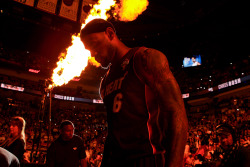 nba:  Pyrotechnics go off as LeBron James