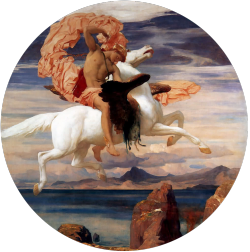 lionofchaeronea:  Perseus on Pegasus Hastening to the Rescue of Andromeda, Frederic Leighton (Lord Leighton), 1895-96