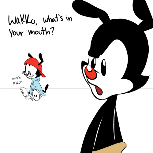 syrupyyy-art:wakko eats a silicon packet.png[ID: A two-paneled comic of Yakko and Wakko from Animani