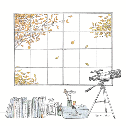 An animated gif that is an illustration looking out a window with leaves gently falling. Inside the room are books and a telescope. It feels cozy and maybe a bit lonely.