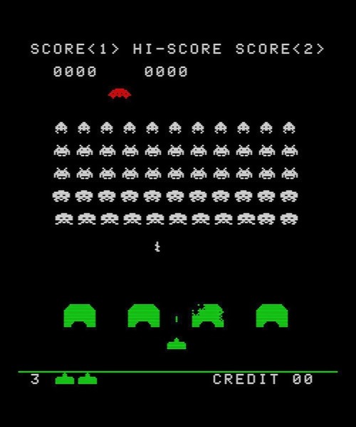 SPACE INVADERS (1978) concept art by its creator, Toshihiro Nishikado (plus a screenshot).