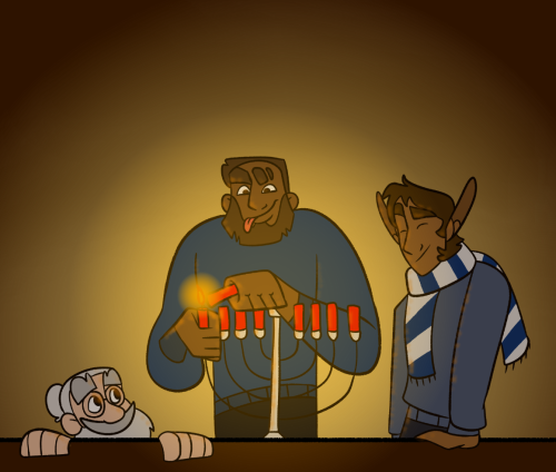 jerreeeeeee:[id: tres horny boys lighting a menorah. on the left, merle peeks over the top of the ta