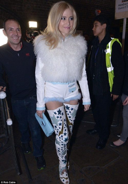Pixie Lott wearing MaryMe-JimmyPaul from head to toe at performance at G-A-Y London. Jacket, shorts 