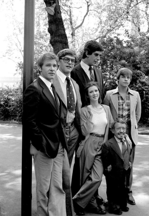 vintageeveryday:The original cast of Star Wars​.From left to right: Harrison Ford (Han Solo David Pr