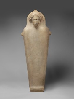 ancientpeoples:  Marble Anthropoid Sarcophagus Late 5th Century BC Graeco-Phoenician The lid of the sarcophagus shows an unarticulated, downward tapering body and the head of a woman framed by flowing hair; traces of red paint are still preserved in the