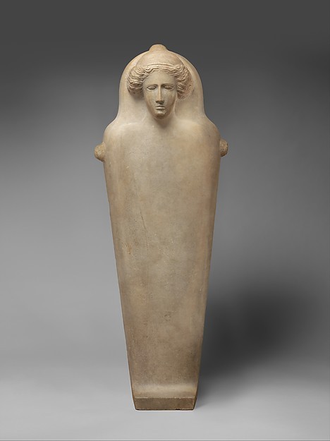 Marble Anthropoid Sarcophagus
Late 5th Century BC
Graeco-Phoenician
The lid of the sarcophagus shows an unarticulated, downward tapering body and the head of a woman framed by flowing hair; traces of red paint are still preserved in the hair. At the...