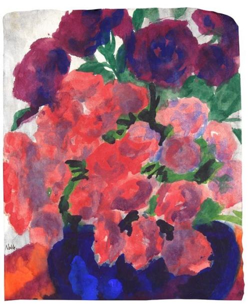 thunderstruck9:Emil Nolde (German, 1867-1956), Pfingstrosen in blauer Vase [Peonies in blue vase], probably 1930-40s. Watercolour on fine Japon laid paper, 43.2 x 35.7 cm.