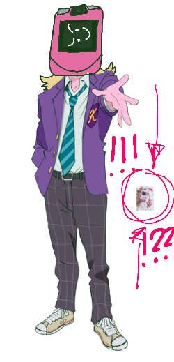 Official art of pre-mob Teru edited to have pink skin and a pink flip-phone for a head 