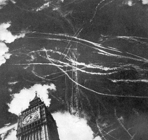 German planes spraying chemtrails over London, 1940, World War II.