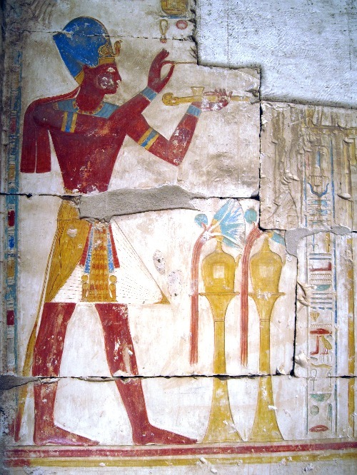 Ancient Egyptian reliefs from the temple of Osiris at Abydos, including representations of Pharaohs 