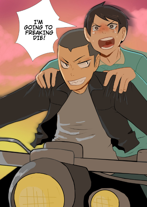 yamcguchi:  “Wanna go through da city, boy?”Motorcycler!Tanaka and Richboy!Ennoshita AU? Hell yeahHello, my name is Lizard and I do draw weird pairings (and tumblr ate the quality of my drawing)A lovely request for rossarod