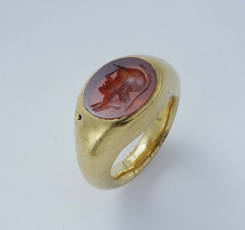 theancientwayoflife:~ Athena finger ring.Date: A.D. 1st century Medium: Gold, carnelian.