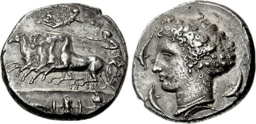 Ancient coins from Syracuse with images of the nymph Arethusa from c. 466-400 BC